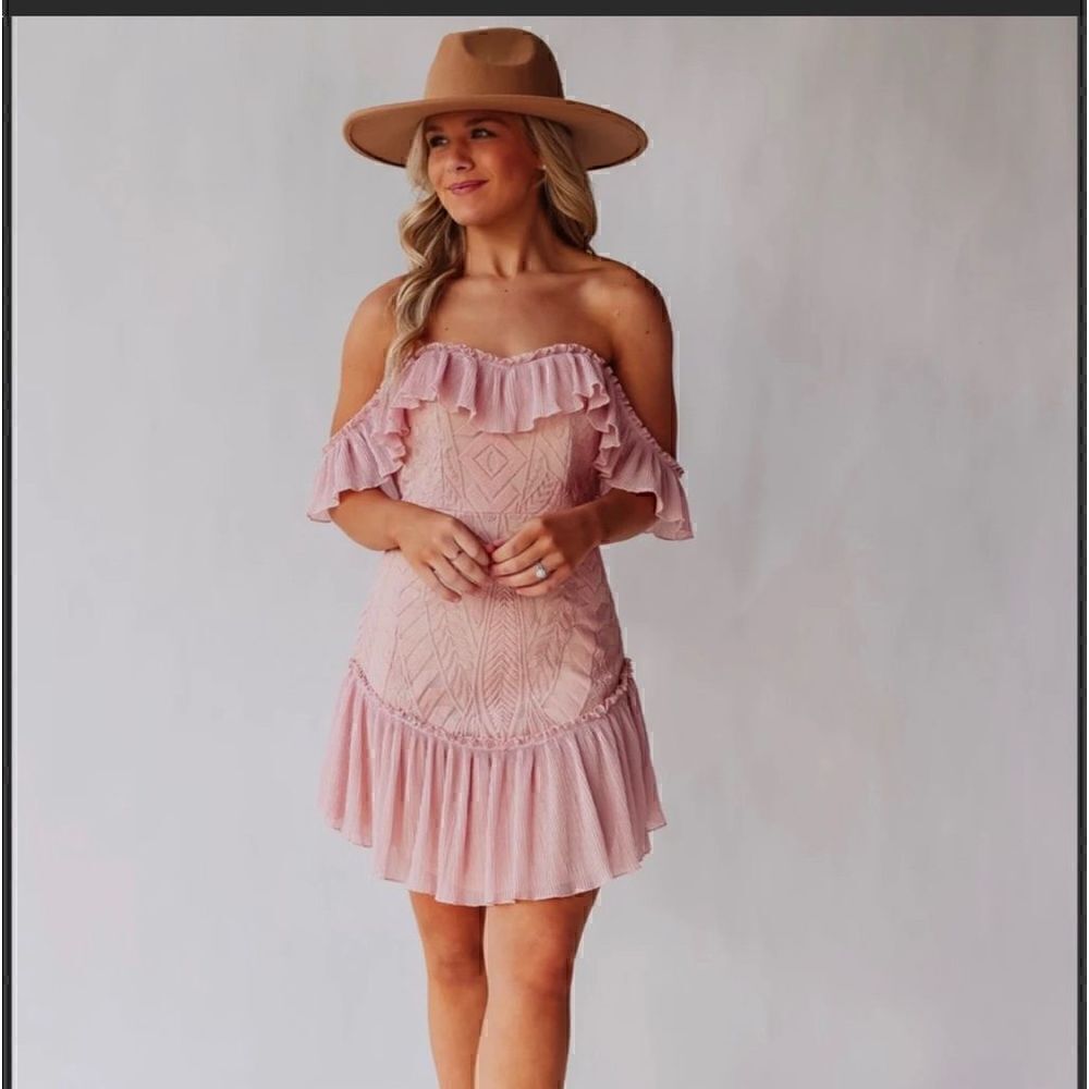 Anthropologie saints secrets mauve blush off shoulder lace ruffle mini dress M